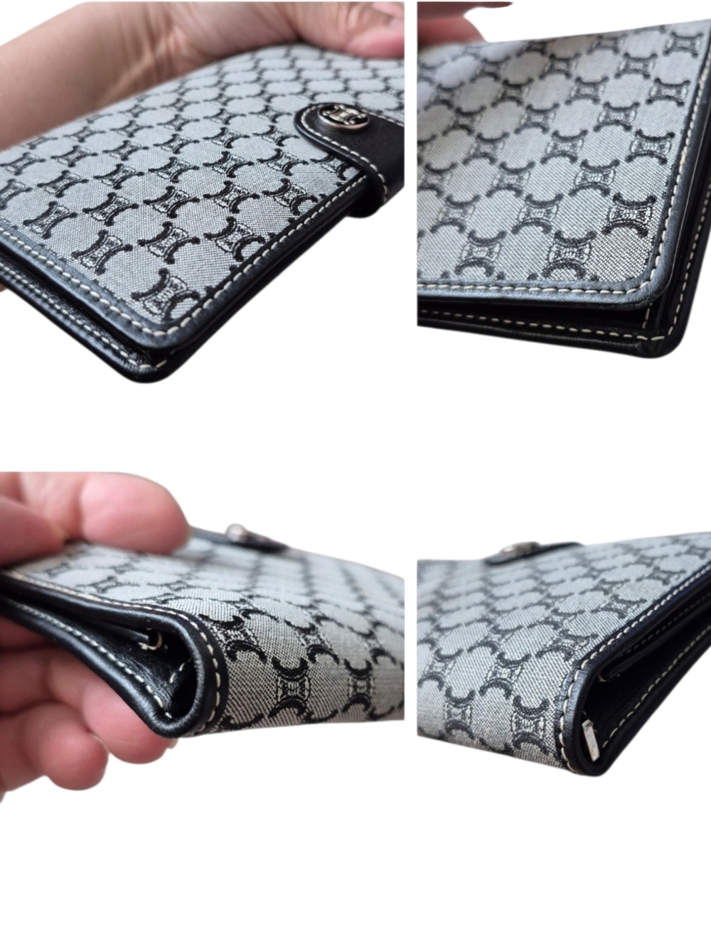 Celine Paris Black Grey Triomphe Fabric Leather Long Wallet - Picture 5 of 13